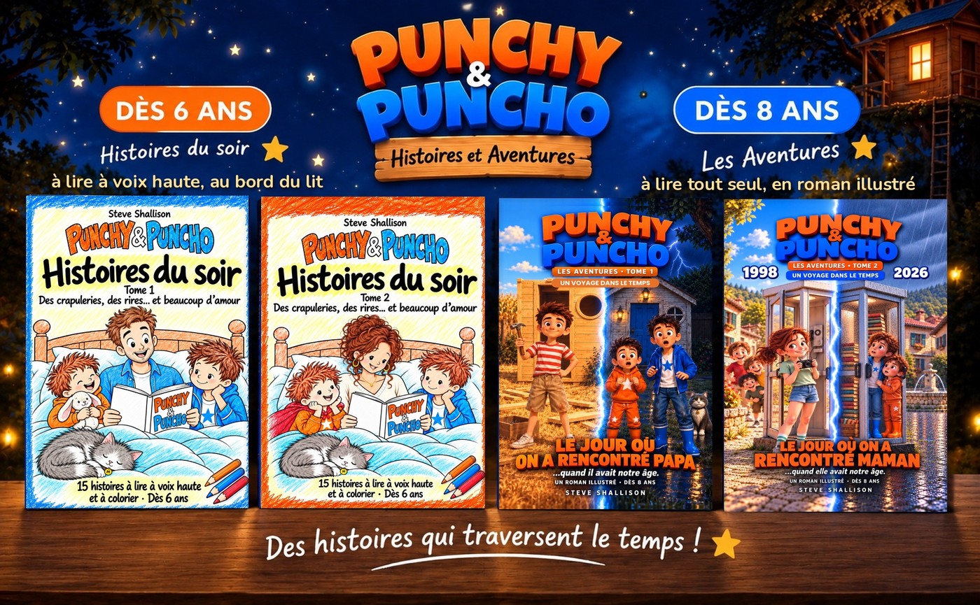 Les quatre livres Punchy et Puncho alignés : Histoires du soir tomes 1 et 2, Les Aventures tomes 1 et 2