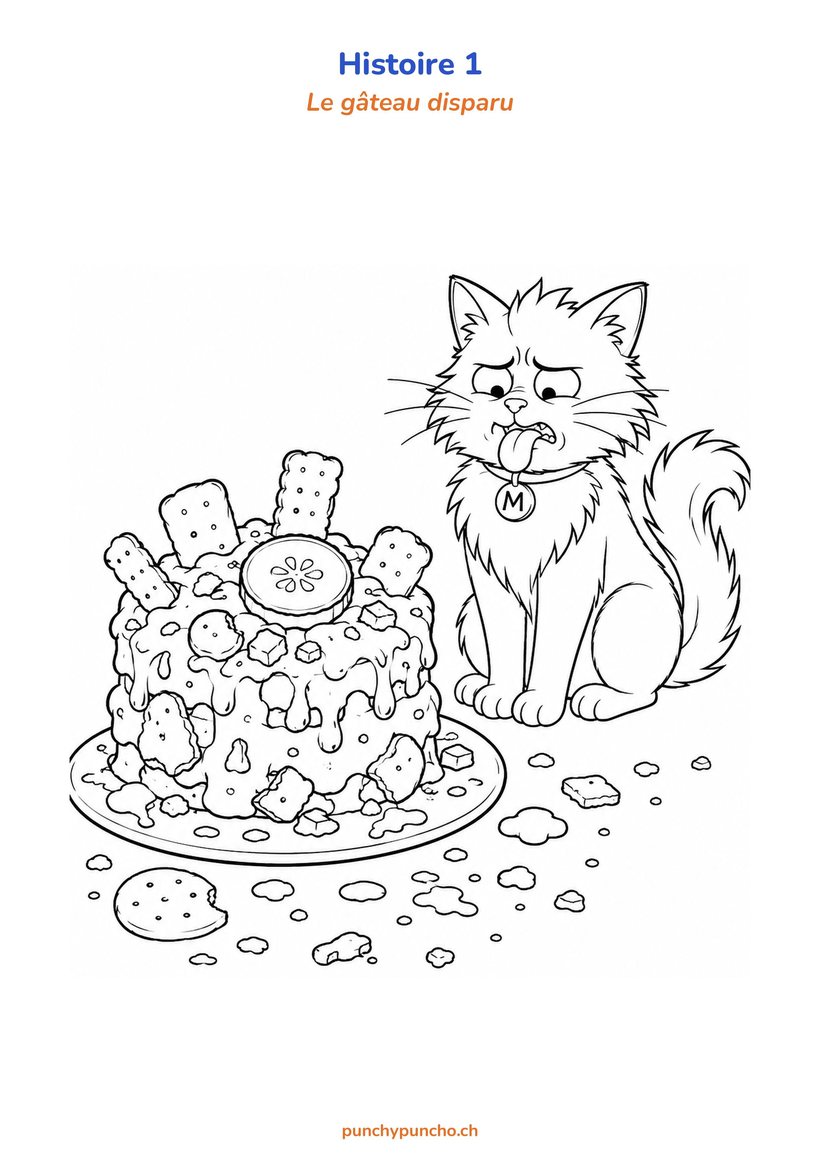Coloriage du gâteau saccagé et de Moustache écœuré, histoire 1 du Tome 1