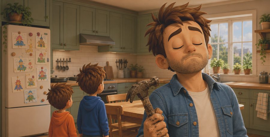 Papa dans la cuisine, le marteau plein de boue à la main, ferme les yeux