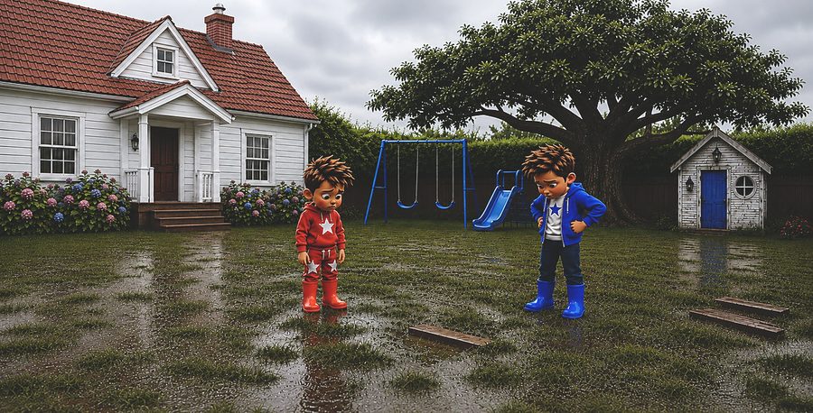 Punchy et Puncho dans le jardin détrempé, devant la cabane, sous l'orage