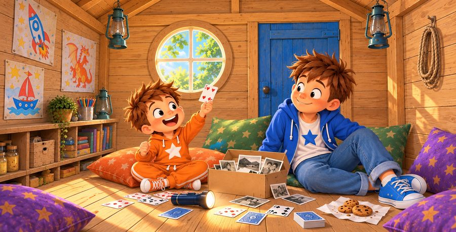 Punchy et Puncho dans la cabane, cartes et photos étalées autour d'eux