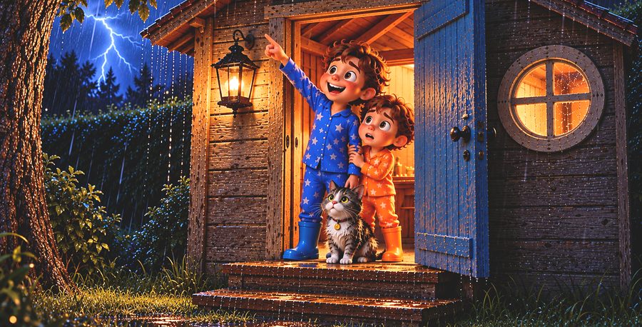 Les deux frères sur le seuil de la cabane sous l'orage, Moustache entre eux